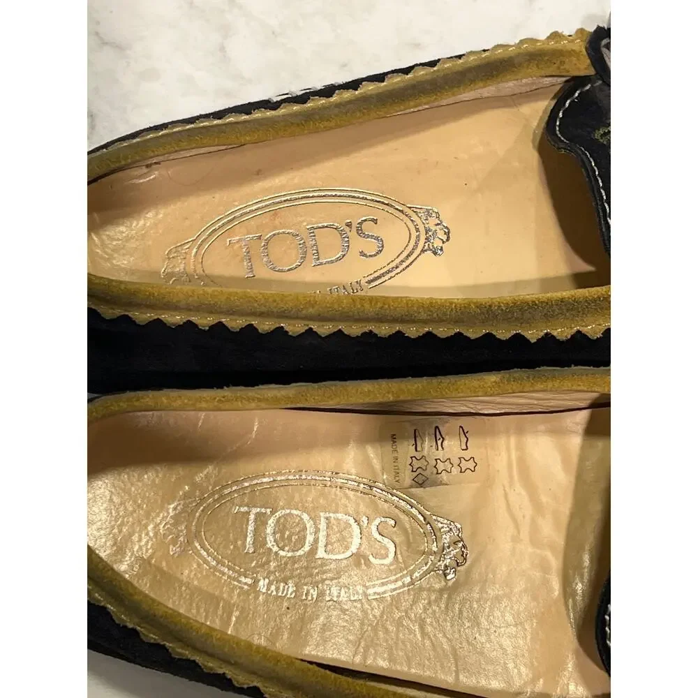 Women's Tod's Suede Embroidered Toe Buckle Driving Casual Loafers Size 5.5 Black